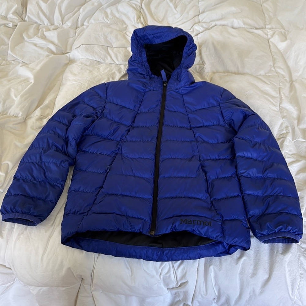 Kids Marmot Hooded Down Jacket, Size Medium, Color is blueish purple.